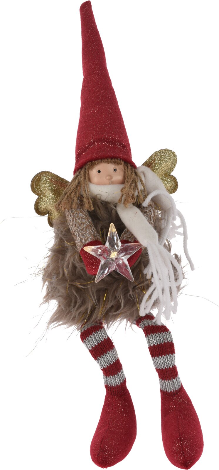 Decoratiune Craciun Inger cu LED stea, 37 cm, rosu-auriu