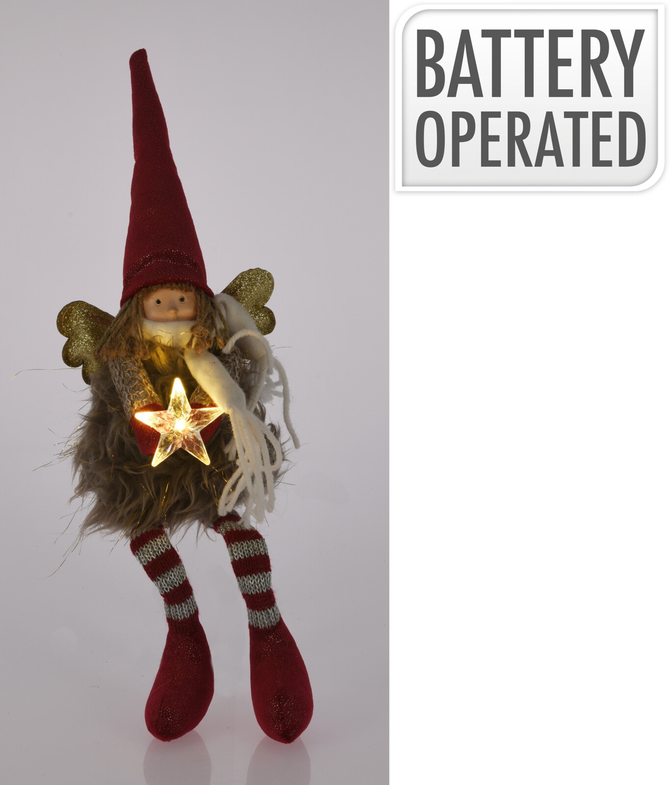 Decoratiune Craciun Inger cu LED stea, 37 cm, rosu-auriu