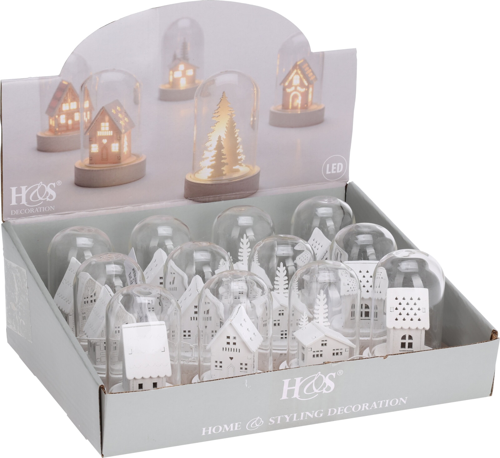 Decoratiune Craciun cu LED, model casuta, sticla, alb