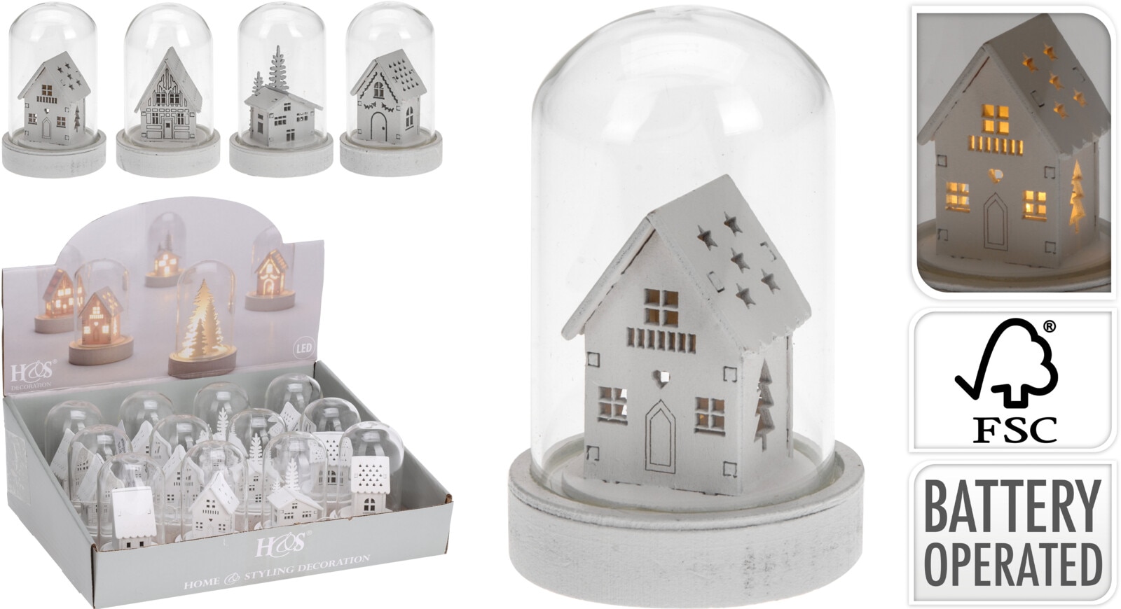 Decoratiune Craciun cu LED, model casuta, sticla, alb