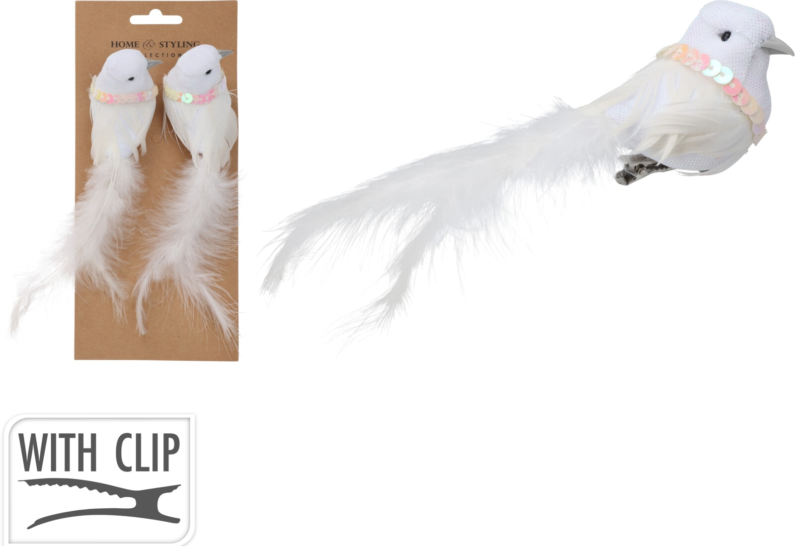 Decoratiune Craciun, model pasare, 16 cm, alb, 2 bucati