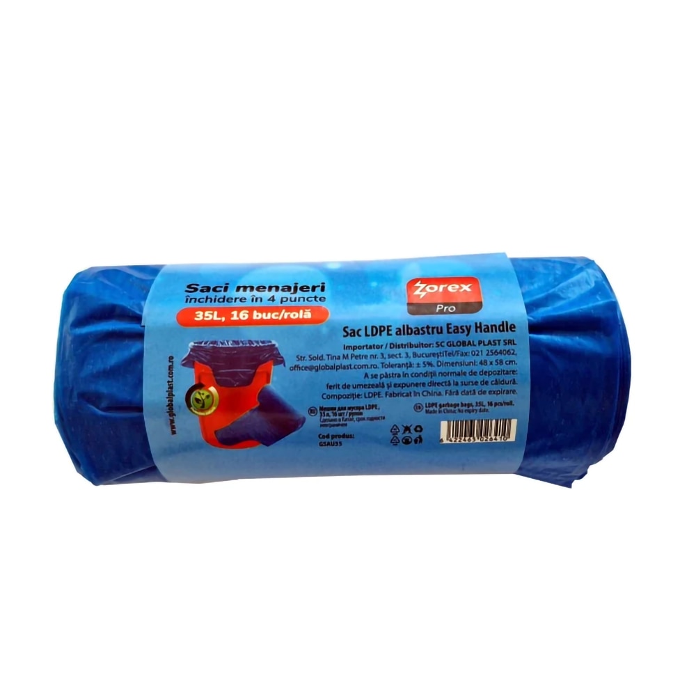 Saci menajeri ZOREX Pro GSAU35, inchidere in 4 puncte, 16 bucati, 35 l, albastru