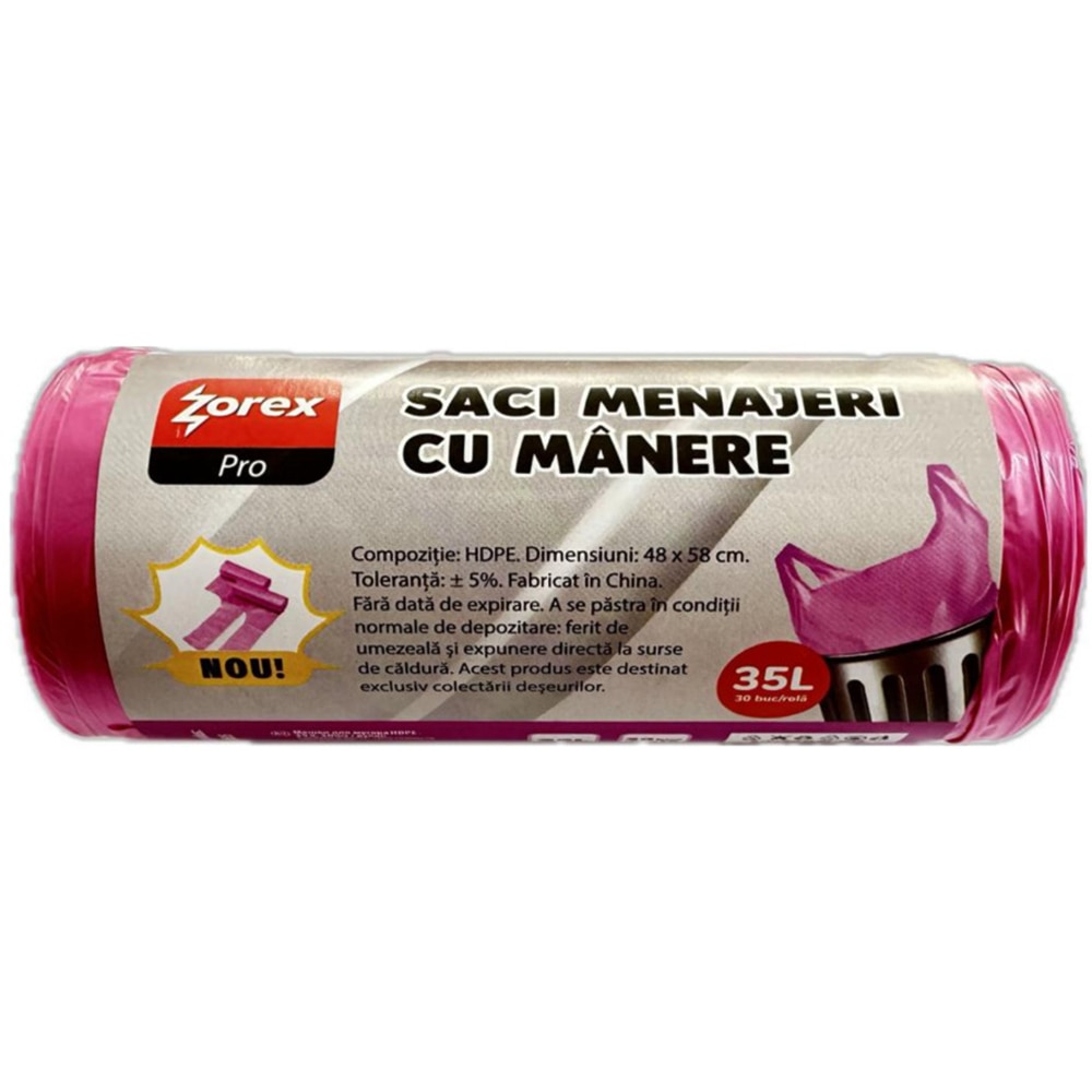 Saci menajeri ZOREX Pro GSRM35, cu manere, 30 bucati, 35 l, roz