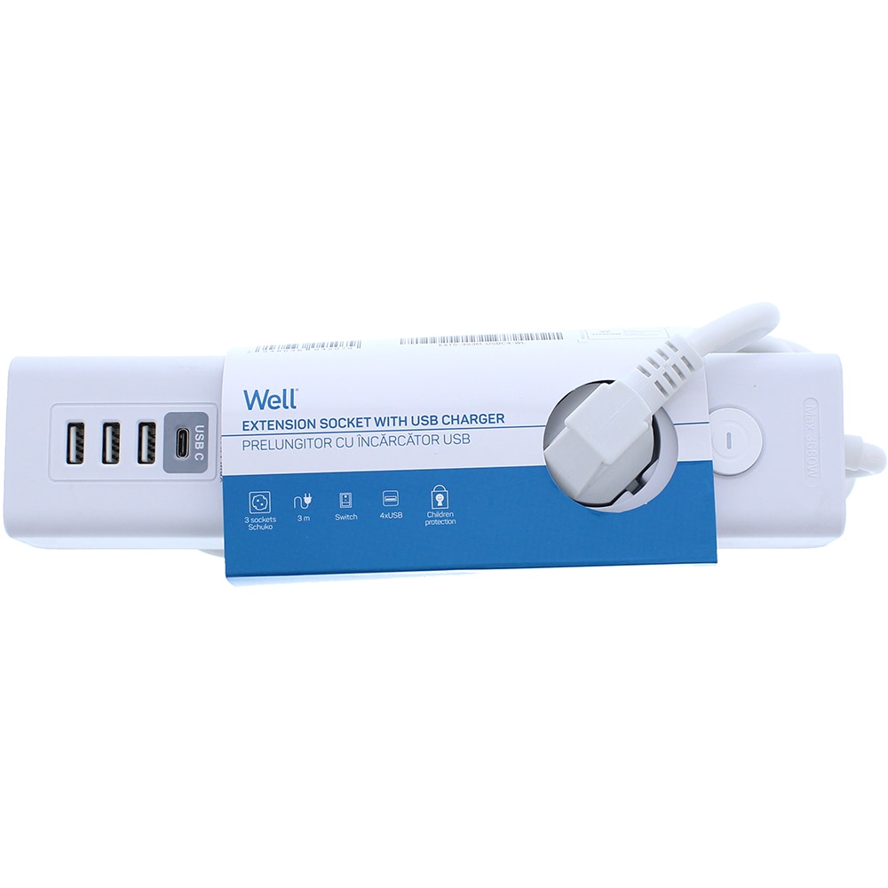 Prelungitor WELL EXTS-3S3M-USBC4-WL, 3 prize, 3500W, IP20, 3m, alb