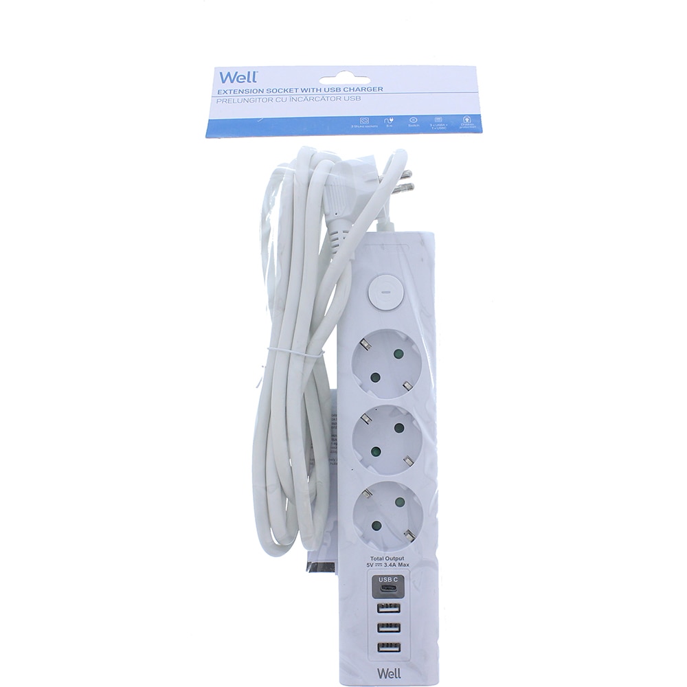 Prelungitor WELL EXTS-3S3M-USBC4-WL, 3 prize, 3500W, IP20, 3m, alb