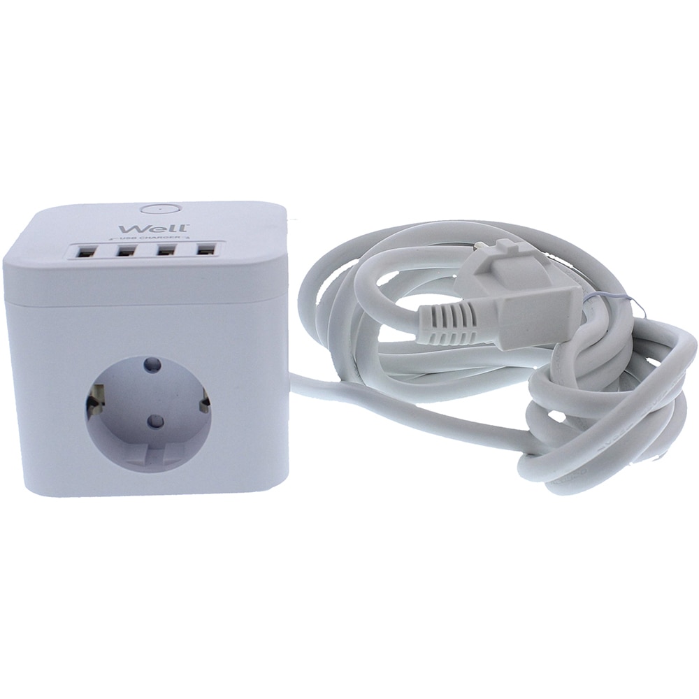 Prelungitor WELL EXTS-3S3M-PROT/USB4, 3 prize, 3500W, IP20, 3m, alb