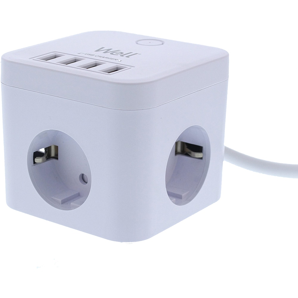 Prelungitor WELL EXTS-3S3M-PROT/USB4, 3 prize, 3500W, IP20, 3m, alb