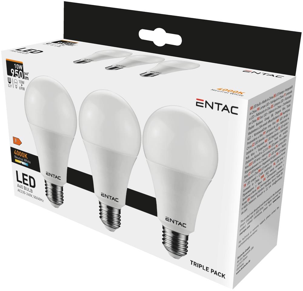 Set 3 becuri LED, E 27, 10 W, 950 lm, 4000 K  Entac
