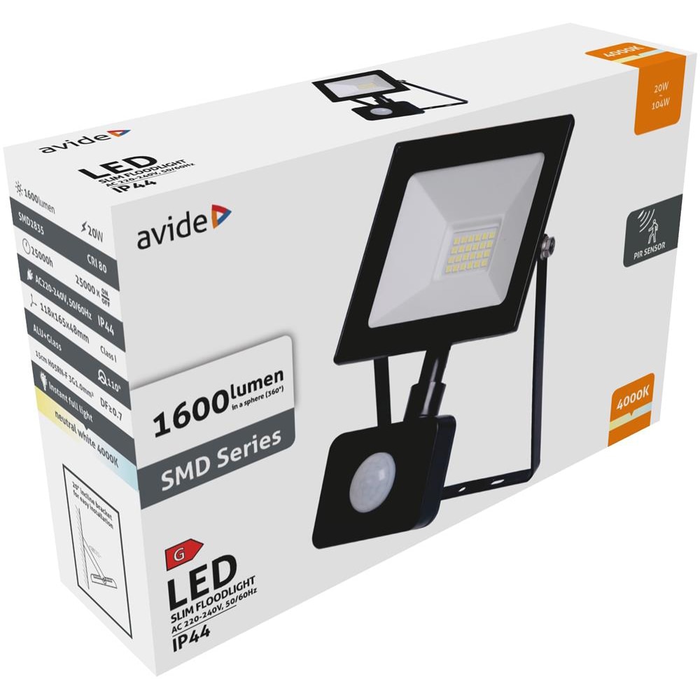 Proiector LED cu senzor de miscare AVIDE, 20W, 1600lm, negru