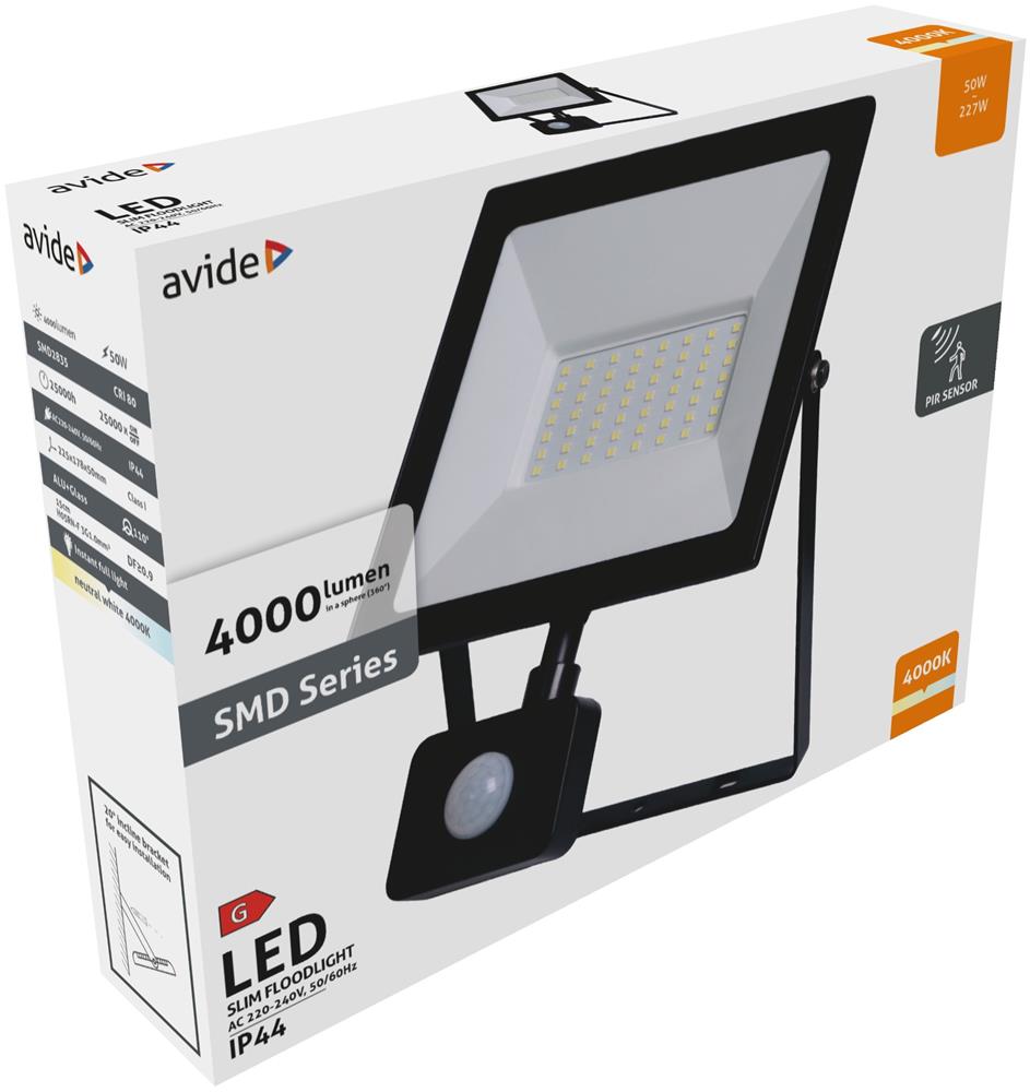 Reflector LED AVIDE, 50W, 4000lm, IP44, negru