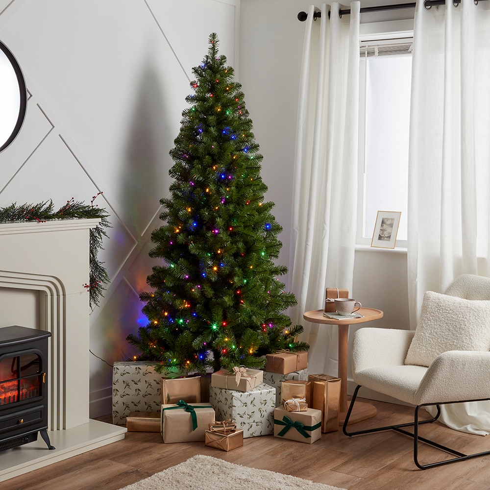 Brad artificial, 183 cm, iluminare multicolor, verde