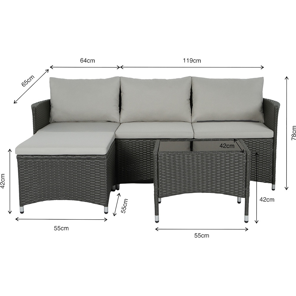 Set canapea modulara si masa pentru terasa DERRY, perne incluse, ratan si sticla, alb/gri