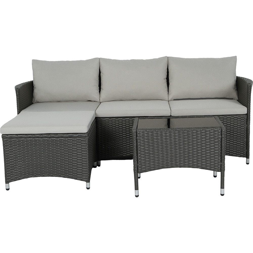 Set canapea modulara si masa pentru terasa DERRY, perne incluse, ratan si sticla, alb/gri