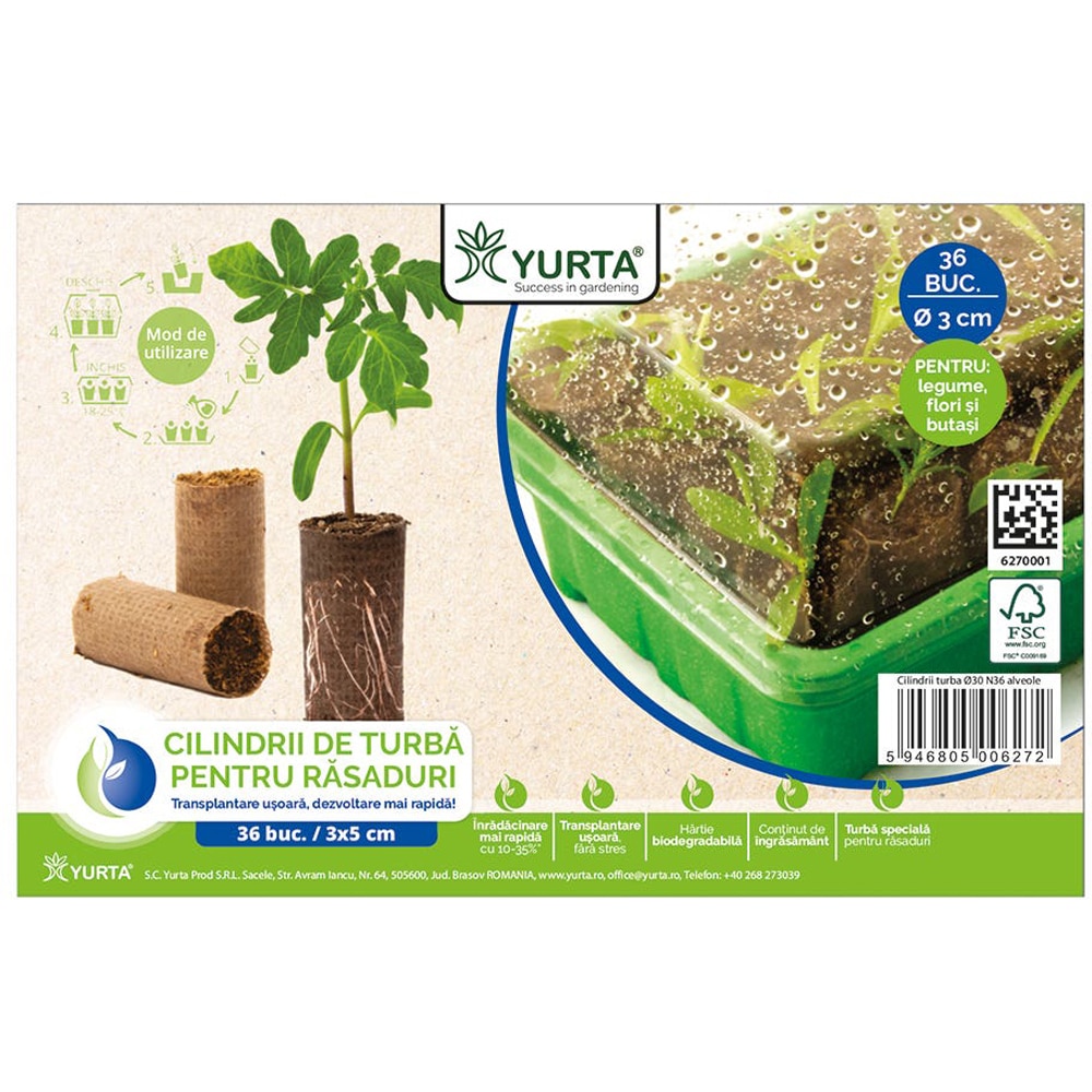 Alveole cilindri de turba Yurta, substrat pentru rasaduri, legumicultura, 30 bucati