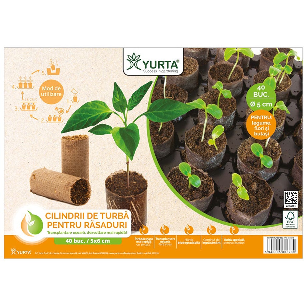 Alveole cilindri de turba pentru rasaduri Yurta, 40 bucati