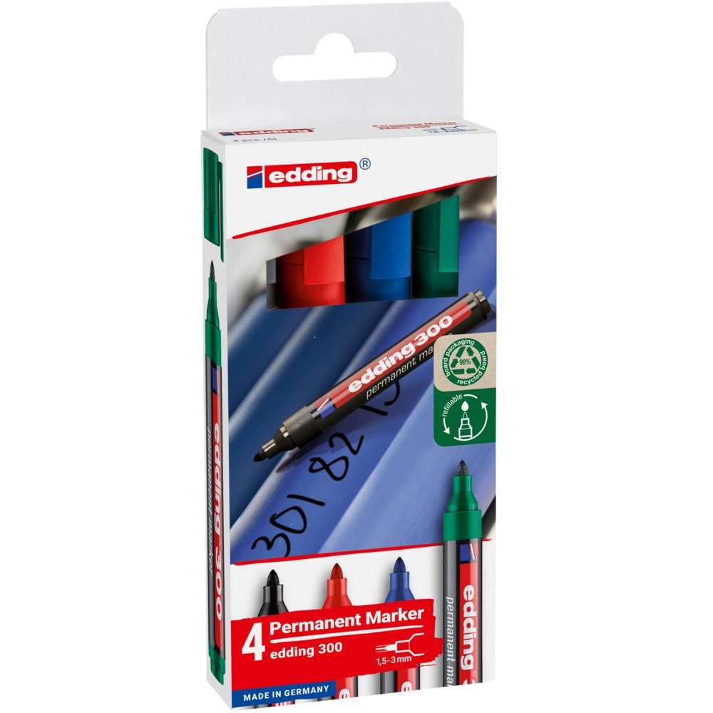 Set markere permanente EDDING 300, corp plastic, varf rotund, 1.5 - 3 mm, 4 bucati, multicolor