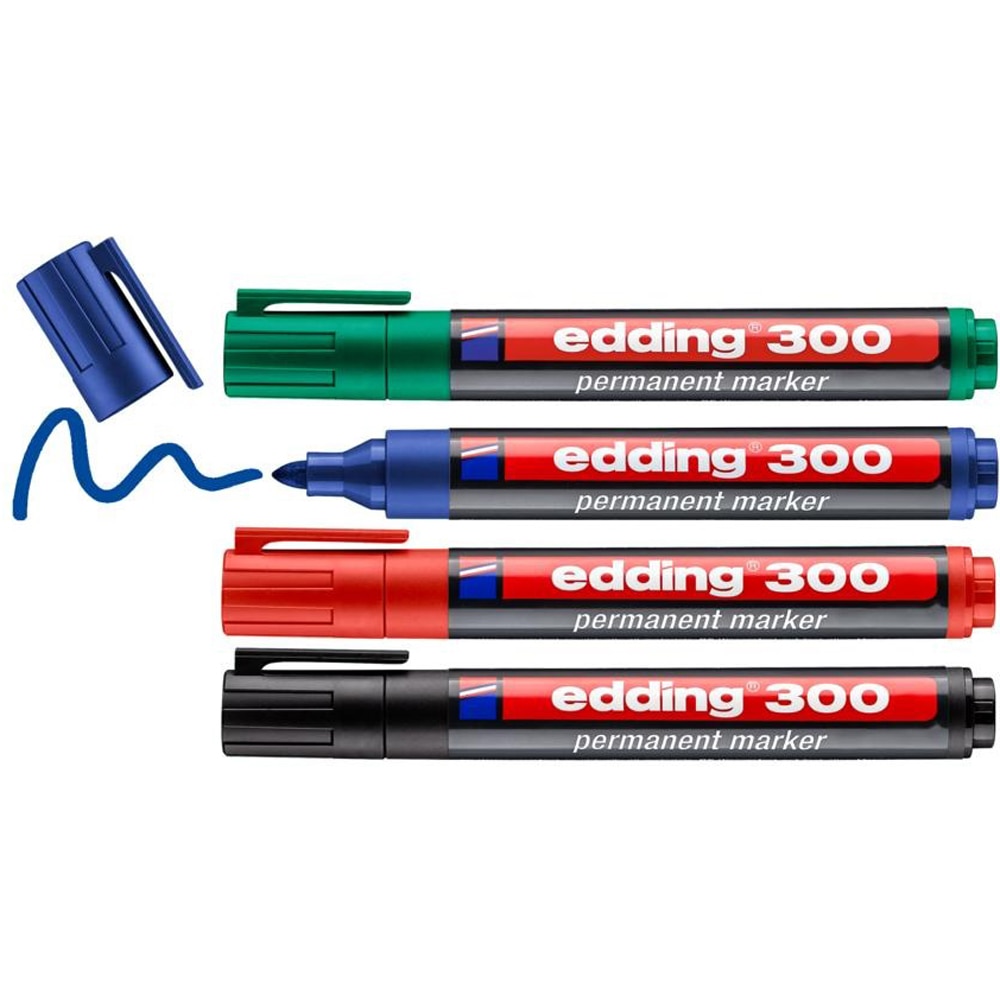 Set markere permanente EDDING 300, corp plastic, varf rotund, 1.5 - 3 mm, 4 bucati, multicolor