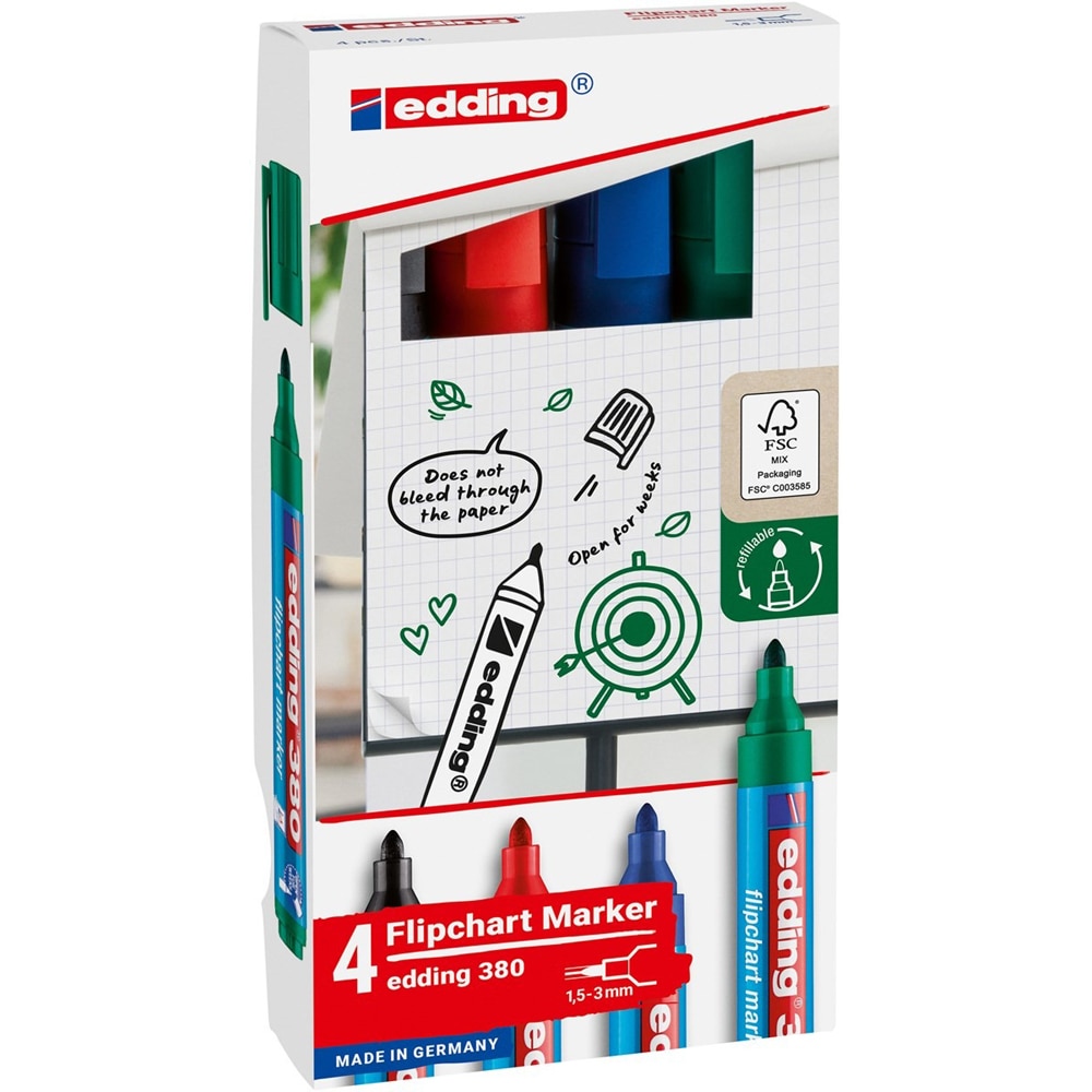 Set markere EDDING 380 pentru flipchart, varf rotund, 1.5-3 mm, 4 bucati, multicolor