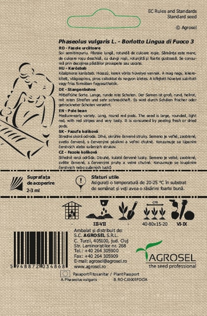 Seminte fasole urcatoare Borlotto lingua di fuoco 3 AGROSEL, 4.6 g