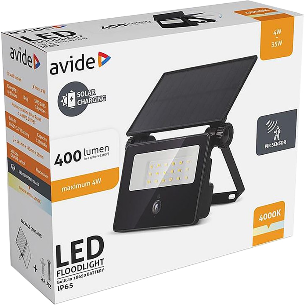 Proiector LED cu panou solar si senzor de miscare AVIDE, 4W, 400lm, negru