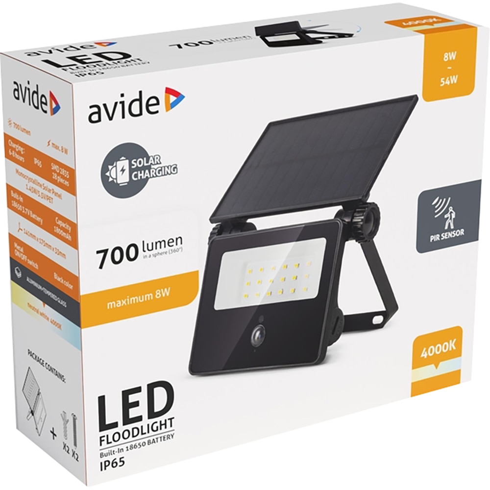 Proiector LED cu panou solar si senzor de miscare AVIDE, 8W, 700lm, negru