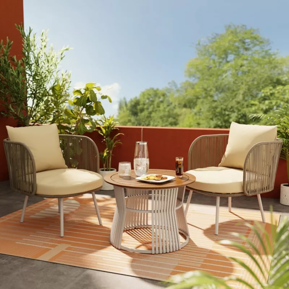 Set mobilier de balcon GOODHOME Nema, perne incluse, bej, lemn si poliester, 3 piese