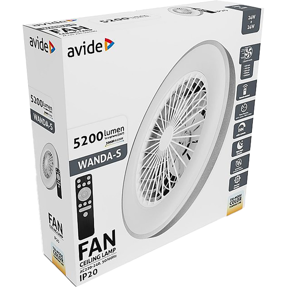 Plafoniera LED cu ventilator 24W AVIDE Wanda-S, 24W, 5200lm, 485mm, 3000K, 4000K, 6500K, alb
