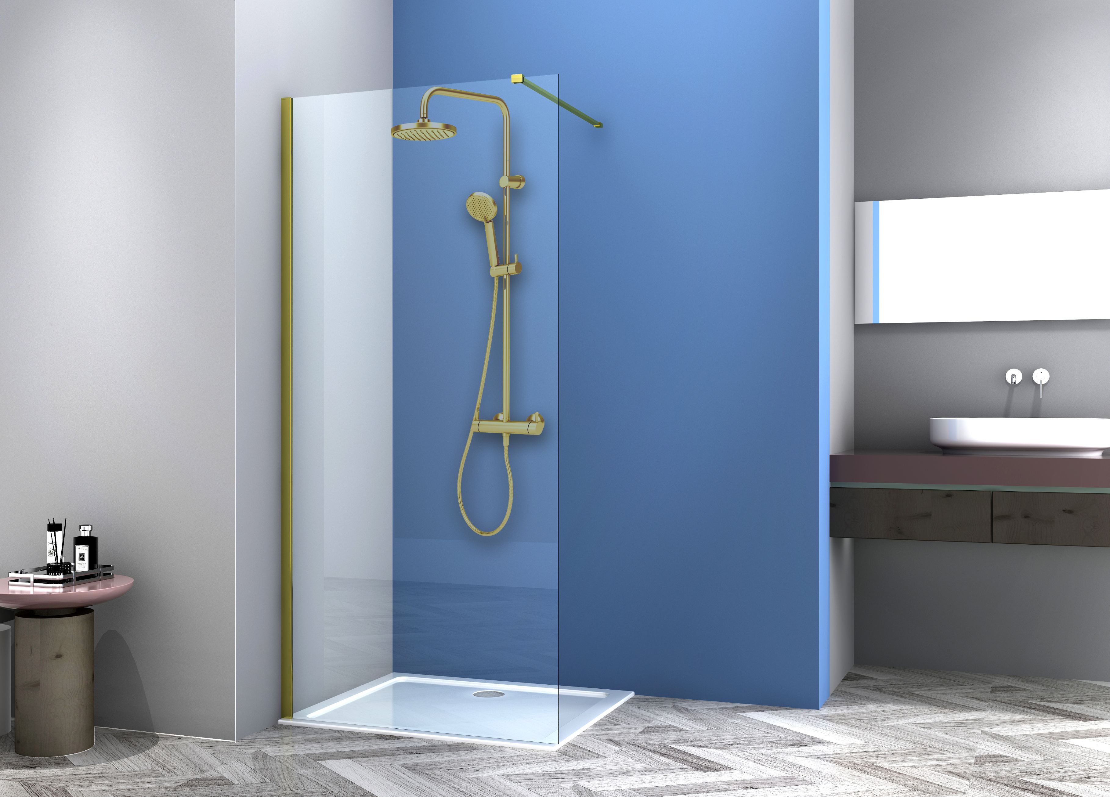 Paravan dus walk-in, aluminiu si sticla, cromat, auriu, 90 x 200 cm