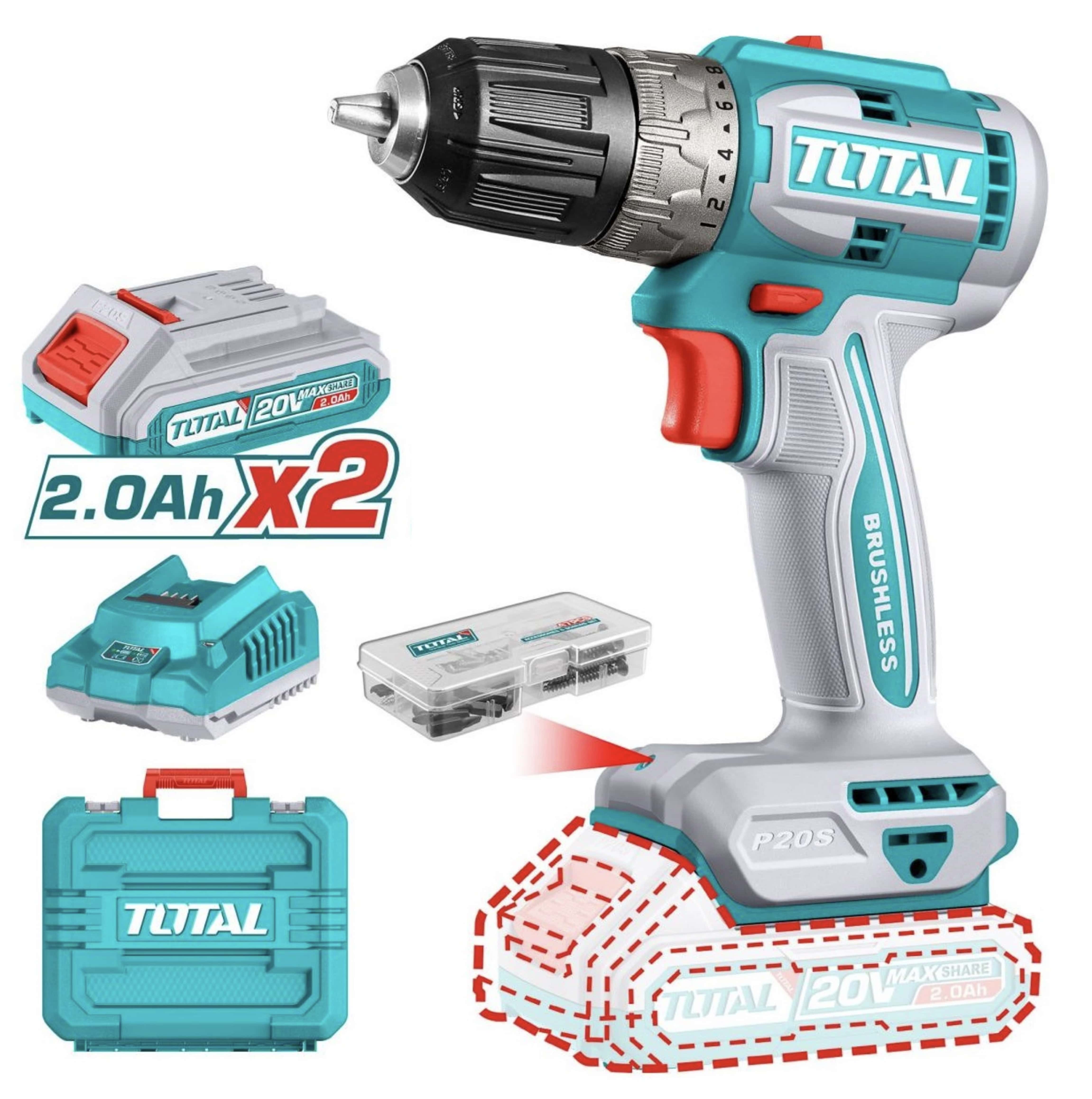 Masina de gaurit si insurubat, brushless, acumulator, 20 V, 2 Ah, Total