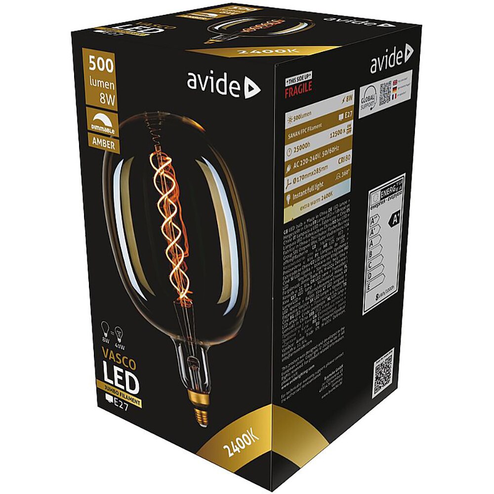 Bec LED filament AVIDE Amber Vasco, E27, 8W, 500lm, lumina calda