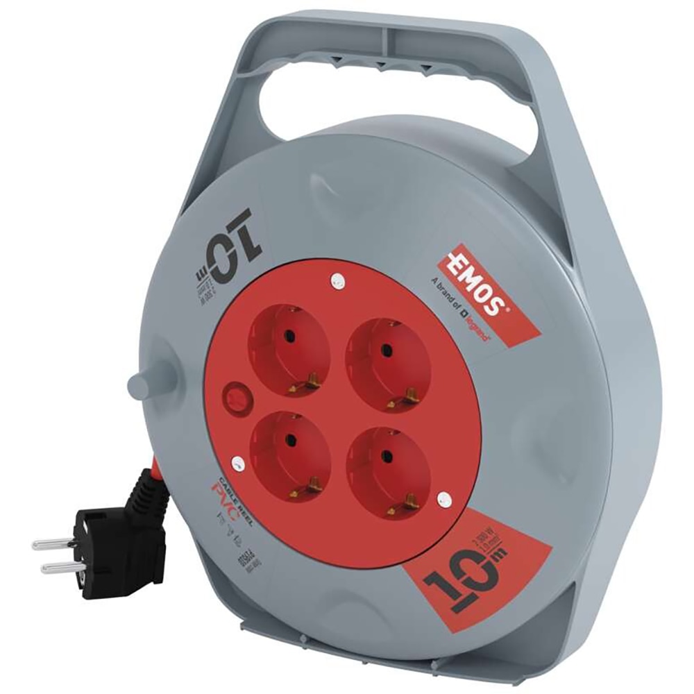 Prelungitor cu rola Emos, 4 prize Schuko, 10 m, 1mm2, 2300W, 230V, IP20, PVC, gri