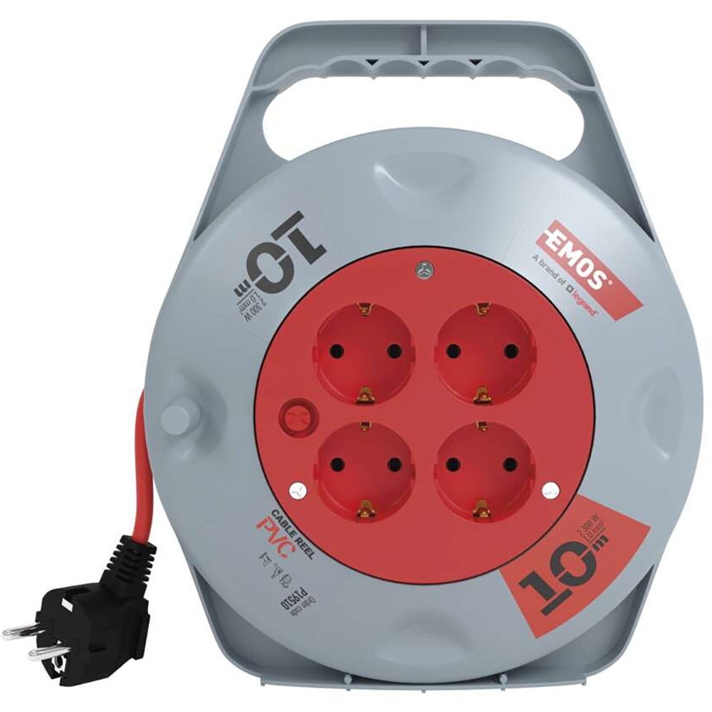 Prelungitor cu rola Emos, 4 prize Schuko, 10 m, 1mm2, 2300W, 230V, IP20, PVC, gri