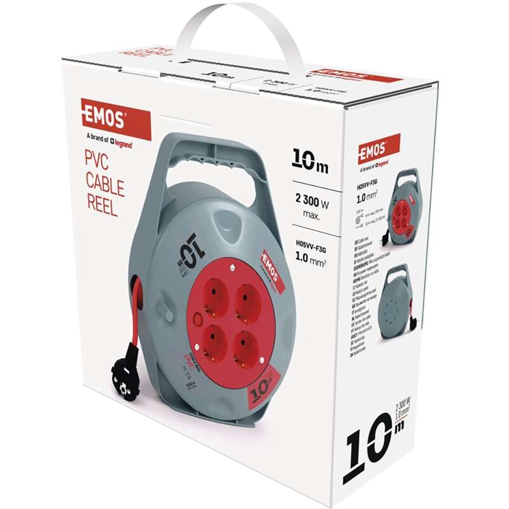 Prelungitor cu rola Emos, 4 prize Schuko, 10 m, 1mm2, 2300W, 230V, IP20, PVC, gri