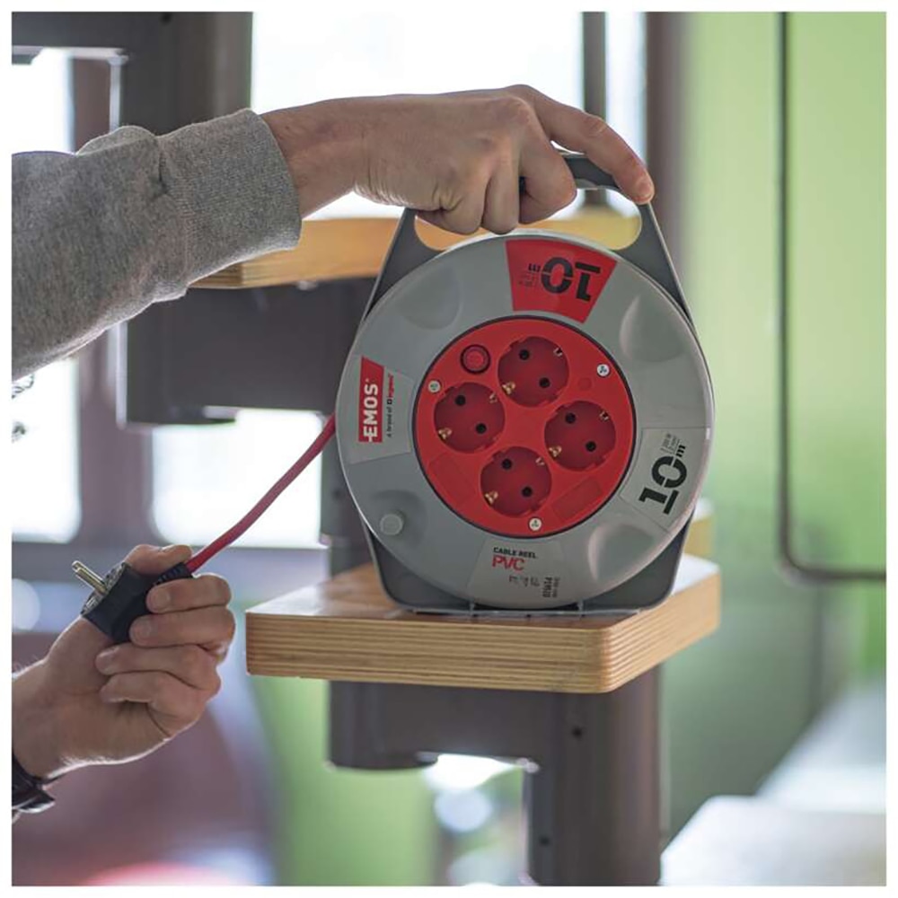 Prelungitor cu rola Emos, 4 prize Schuko, 10 m, 1mm2, 2300W, 230V, IP20, PVC, gri