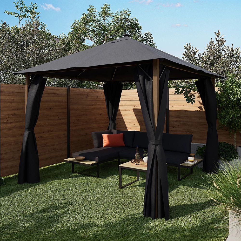 Pavilion gradina cu LED GOODHOME Gening, 3 x 3 x 2.86 m, poliester si aluminiu, negru