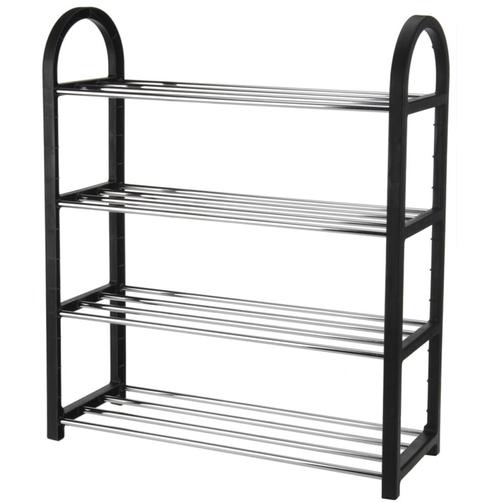 Suport incaltaminte, 4 polite, plastic/metal, negru-crom