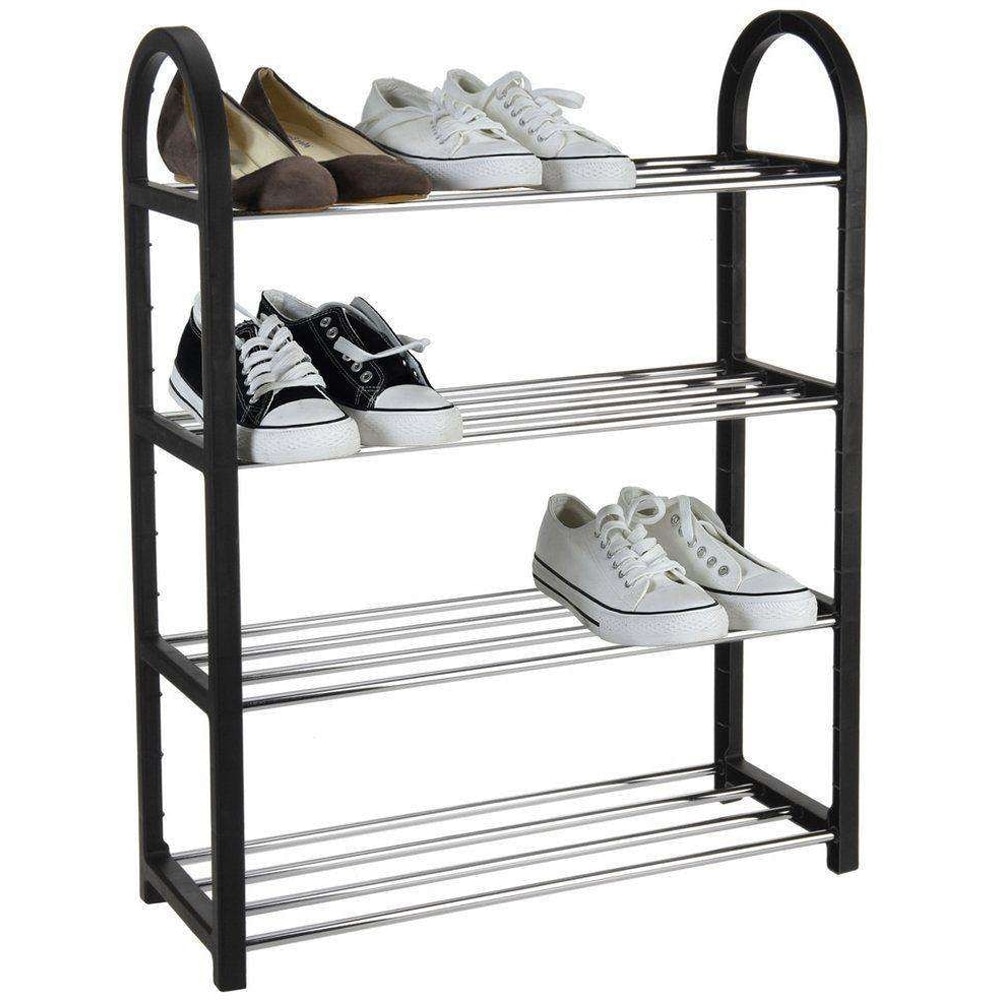 Suport incaltaminte, 4 polite, plastic/metal, negru-crom