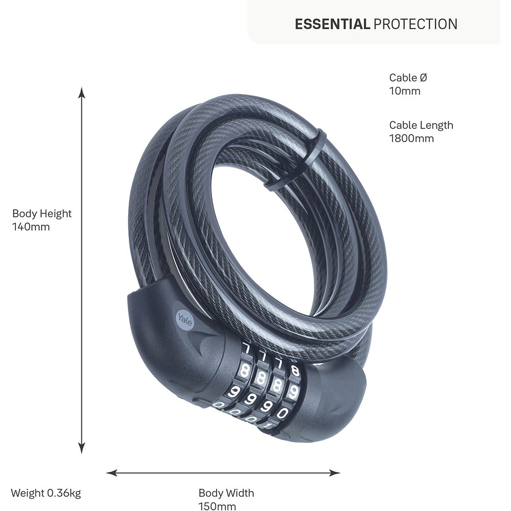 Antifurt bicicleta cu cablu YALE, 180cm, otel, negru