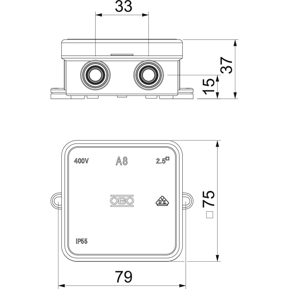 Doza derivatie OBO, aparent, IP55, 75 x 75 x 36mm
