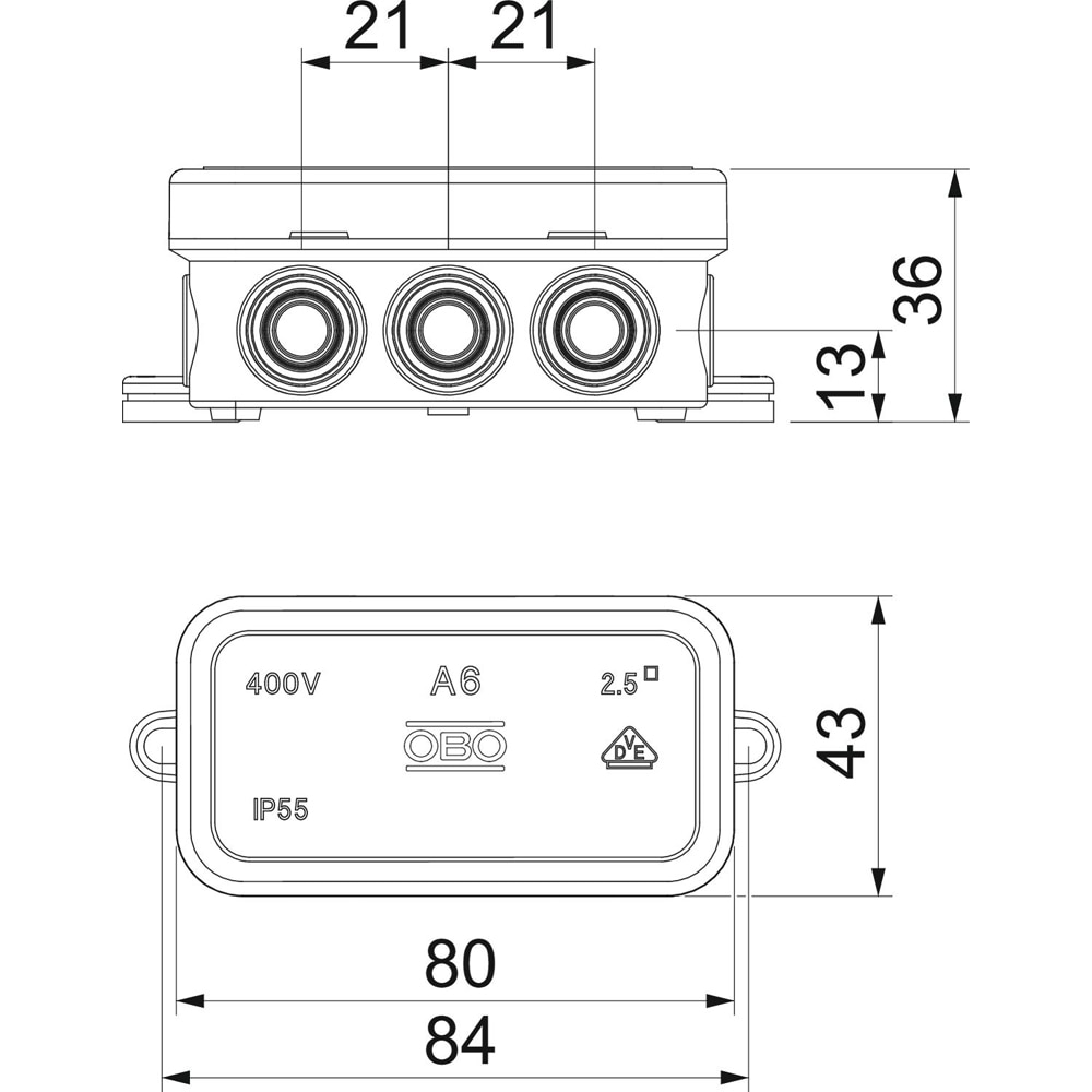 Doza derivatie OBO, aparent, IP55, 80 x 43 x 34mm