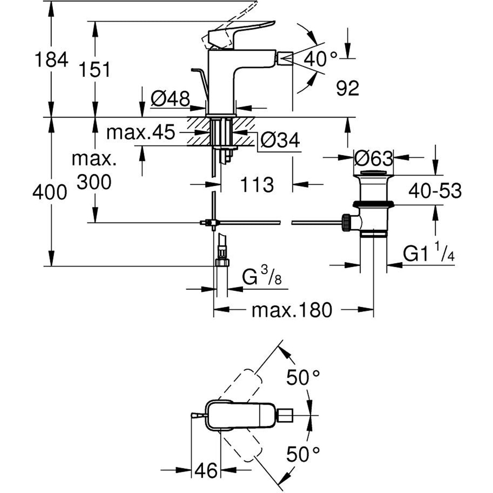 Baterie bideu GROHE Dice, marimea S, metal, crom