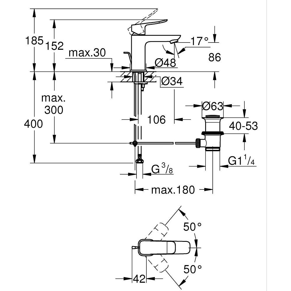 Baterie lavoar GROHE Dice 1018560000, marimea S, alama, crom