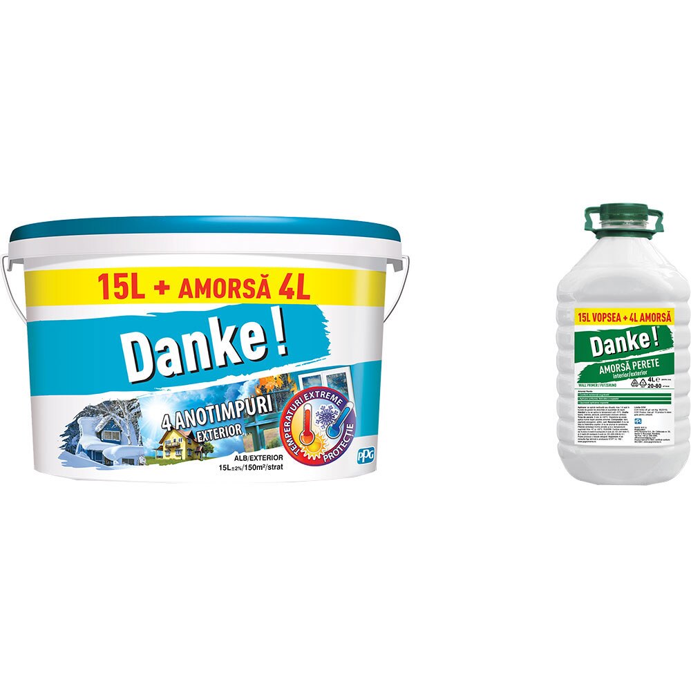 Pachet Vopsea lavabila pentru exterior DANKE 4 Anotimpuri, alb, 15L, Amorsa interior/exterior DANKE, 4L