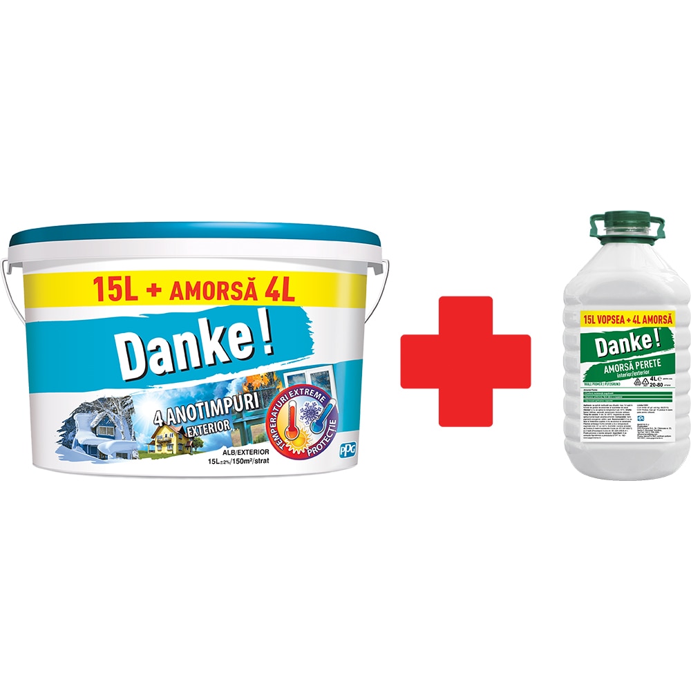 Pachet Vopsea lavabila pentru exterior DANKE 4 Anotimpuri, alb, 15L + Amorsa interior/exterior DANKE, 4L