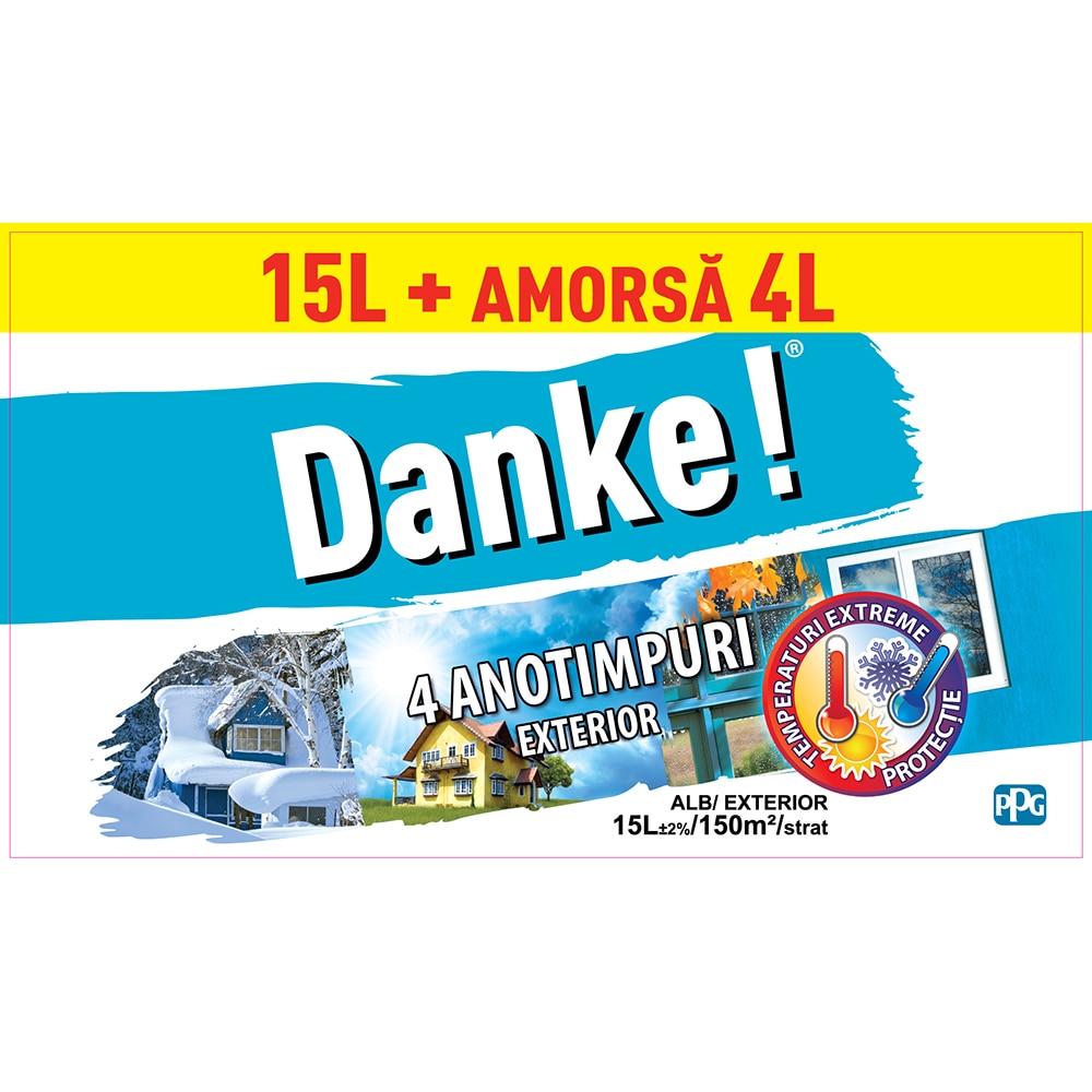 Pachet Vopsea lavabila pentru exterior DANKE 4 Anotimpuri, alb, 15L + Amorsa interior/exterior DANKE, 4L