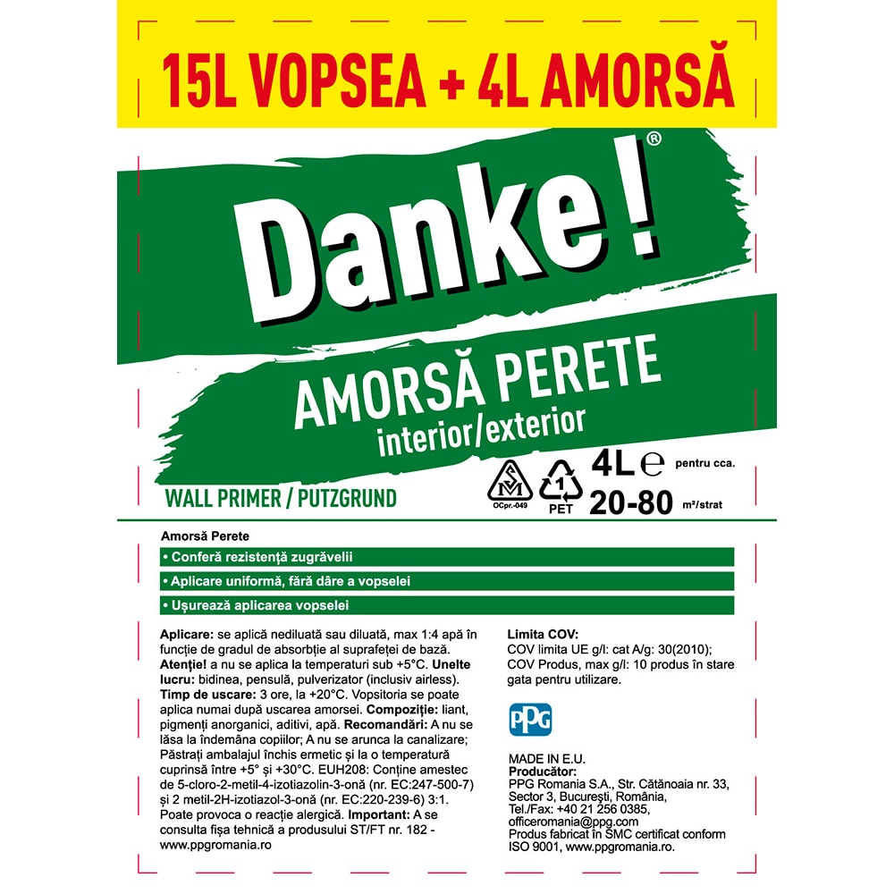 Pachet Vopsea lavabila pentru exterior DANKE 4 Anotimpuri, alb, 15L + Amorsa interior/exterior DANKE, 4L