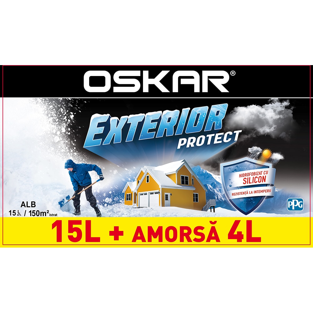 Vopsea lavabila OSKAR Exterior Protect, alb, 15L, amorsa OSKAR Zero Mucegai, 4 L