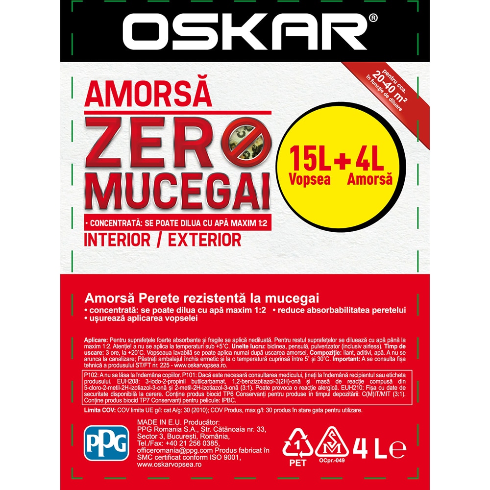 Vopsea lavabila OSKAR Exterior Protect, alb, 15L, amorsa OSKAR Zero Mucegai, 4 L
