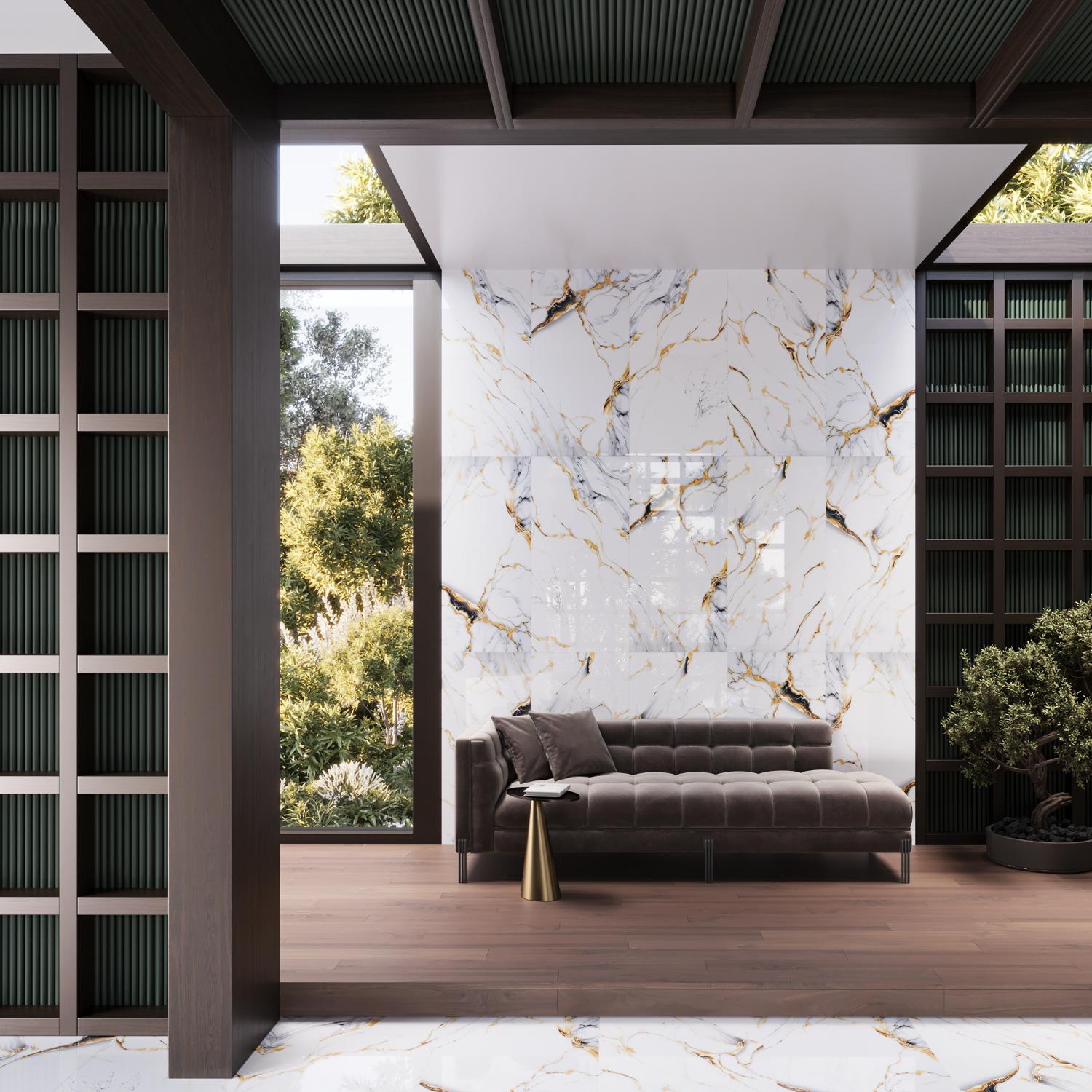 Gresie portelanata rectificata Onyx Waves Gold, 60 x 120 cm, lucioasa, 1.44 mp/cutie