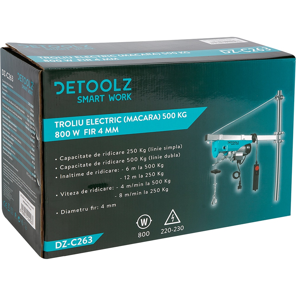 Macara electrica DETOOLZ, 500 kg, 800 W, 4 mm, otel si aluminiu, turcoaz